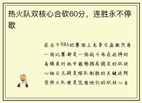 热火队双核心合砍60分，连胜永不停歇